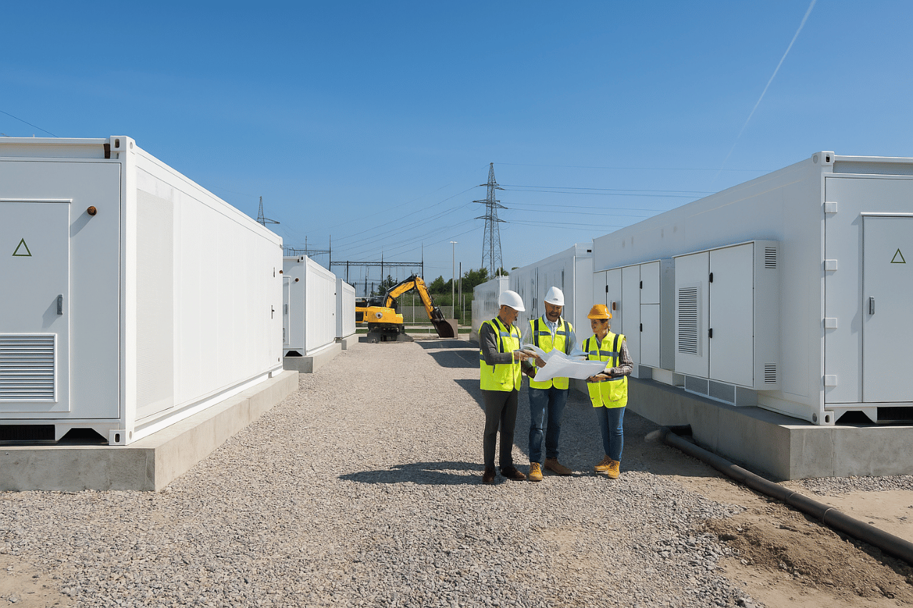Arbeiter in Schutzkleidung bei einer Besprechung auf der Baustelle