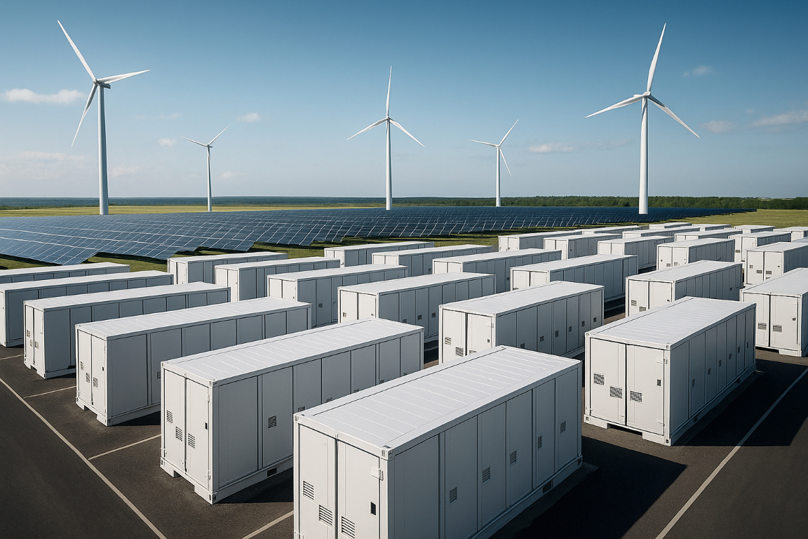 BESS-Grossspeicher aus der Vogelperspektive – modularer Energiespeicher in Containerbauweise